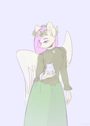 Size: 775x1080 | Tagged: safe, artist:laymy, imported from derpibooru, fluttershy, anthro, cat, pegasus, clothes, female, pink background, simple background, solo