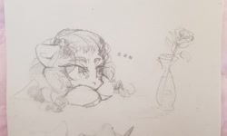 Size: 1280x768 | Tagged: safe, artist:laymy, imported from derpibooru, oc, oc only, pony, ..., floppy ears, flower, looking at something, pencil drawing, solo, traditional art, vase