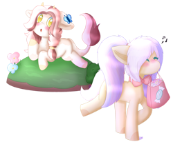 Size: 1280x1070 | Tagged: safe, artist:pasteldraws, imported from derpibooru, oc, butterfly, cow, cow pony, earth pony, pony, accessories, accessory, blushing, candy, food, lying down, pigtails, simple background, transparent background