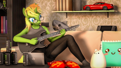 Size: 3840x2160 | Tagged: safe, artist:arcanetesla, imported from derpibooru, oc, oc only, oc:mysti tesla, anthro, unicorn, 3d, clothes, couch, cute, glasses, guitar, high res, monster energy, musical instrument, pants, solo, source filmmaker, stocking feet, tanktop