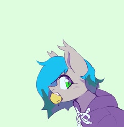 Size: 1055x1080 | Tagged: safe, artist:laymy, imported from derpibooru, oc, oc only, oc:pearly lime, bat pony, pony, apple, biting, clothes, fangs, food, green background, hoodie, simple background, solo