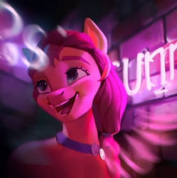 Size: 1193x1200 | Tagged: safe, artist:annna markarova, imported from derpibooru, sunny starscout, earth pony, pony, female, g5, happy, mare, neon, open mouth, smiling, solo