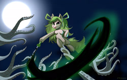 Size: 2440x1536 | Tagged: safe, artist:kijojora, imported from derpibooru, earth pony, semi-anthro, breasts, moon, solo, sword, tentacles, weapon