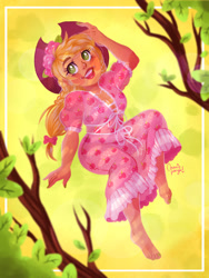 Size: 1536x2048 | Tagged: safe, artist:cosmicponye, imported from derpibooru, applejack, human, applejack's hat, barefoot, blushing, clothes, cowboy hat, cute, dress, feet, female, freckles, hat, humanized, jackabetes, open mouth, solo, tree, tree branch