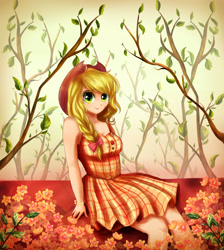 Size: 1280x1429 | Tagged: safe, artist:cosmicponye, imported from derpibooru, applejack, human, applejack's hat, bare shoulders, braid, clothes, cowboy hat, cute, dress, female, flower, hat, humanized, jackabetes, sleeveless, solo, tree, tree branch