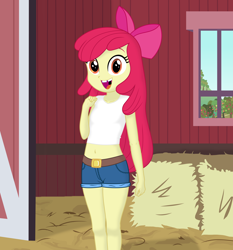 Size: 5598x6000 | Tagged: safe, artist:dtavs.exe, imported from derpibooru, apple bloom, equestria girls, absurd resolution, barn, belly button, clothes, denim shorts, female, hay, midriff, missing teeth, open mouth, open smile, shorts, show accurate, smiling, solo