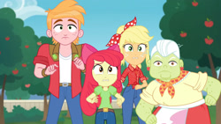 Size: 3410x1920 | Tagged: safe, imported from derpibooru, screencap, apple bloom, applejack, big macintosh, granny smith, equestria girls, equestria girls series, holidays unwrapped, spoiler:eqg series (season 2), alternate hairstyle, angry, apple, apple bloom's bow, apple family, apple tree, bandana, bow, female, food, geode of super strength, hair bow, jewelry, magical geodes, male, necklace, orchard, surprised, the cider louse fools, tree