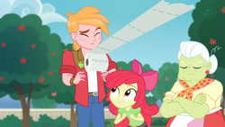 Size: 3410x1920 | Tagged: safe, imported from derpibooru, screencap, apple bloom, big macintosh, granny smith, equestria girls, equestria girls series, holidays unwrapped, spoiler:eqg series (season 2), apple, apple bloom's bow, bow, eyes closed, female, food, hair bow, male, paper towels, the cider louse fools, toilet paper, tree