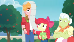 Size: 3410x1920 | Tagged: safe, imported from derpibooru, screencap, apple bloom, big macintosh, granny smith, equestria girls, equestria girls series, holidays unwrapped, spoiler:eqg series (season 2), angry, apple, apple bloom's bow, bow, crossed arms, female, food, granny smith is not amused, hair bow, male, paper towels, the cider louse fools, toilet paper, tree, unamused