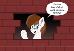 Size: 4200x2900 | Tagged: safe, alternate version, artist:aarondrawsarts, imported from derpibooru, oc, oc only, oc:alabasterpeony, oc:brain teaser, earth pony, pony, brick wall, commission, earth pony oc, edgar allan poe, funny, immurement, meme, parody, the cask of amontillado