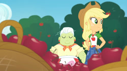 Size: 3410x1920 | Tagged: safe, imported from derpibooru, screencap, applejack, granny smith, equestria girls, equestria girls series, holidays unwrapped, spoiler:eqg series (season 2), apple, applejack's hat, belt, clothes, cowboy hat, cutie mark, cutie mark on clothes, denim skirt, eyes closed, female, food, geode of super strength, hand on hip, hands on hip, hat, jewelry, magical geodes, necklace, skirt, smiling, the cider louse fools, tree