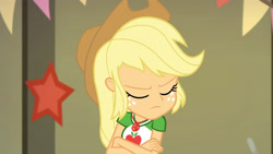 Size: 3410x1920 | Tagged: safe, imported from derpibooru, screencap, applejack, equestria girls, equestria girls series, holidays unwrapped, spoiler:eqg series (season 2), applejack's hat, clothes, cowboy hat, crossed arms, cutie mark, cutie mark on clothes, eyes closed, female, geode of super strength, hat, jewelry, magical geodes, necklace, solo, the cider louse fools