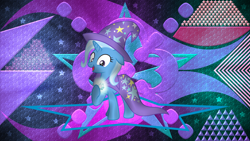 Size: 3840x2160 | Tagged: safe, artist:laszlvfx, artist:le-23, edit, imported from derpibooru, trixie, pony, brooch, cape, clothes, hat, high res, jewelry, magic, solo, trixie's brooch, trixie's cape, trixie's glowing brooch, trixie's hat, wallpaper, wallpaper edit