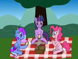 Size: 1280x960 | Tagged: safe, artist:platinumdrop, imported from derpibooru, pinkie pie, twilight sparkle, oc, oc:5, basket, food, picnic, picnic basket, picnic blanket, request, sandwich