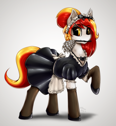 Size: 1980x2160 | Tagged: safe, artist:shamziwhite, imported from derpibooru, oc, oc only, oc:searing flare, alicorn, pony, clothes, commission, costume, duster, female, latex, maid, mouth hold, raised hoof, simple background, socks, solo, stockings, suit, thigh highs, white background