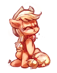 Size: 2100x2700 | Tagged: safe, artist:whitediamonds, imported from derpibooru, applejack, earth pony, pony, :t, apple, cute, eating, eyes closed, female, food, happy, herbivore, high res, hoof hold, jackabetes, mare, simple background, sitting, smiling, solo, that pony sure does love apples, white background