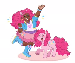 Size: 2048x1716 | Tagged: safe, artist:reagansfunkyart, imported from derpibooru, kotobukiya, pinkie pie, earth pony, human, pony, belt, blushing, boots, bracelet, chubby, clothes, coat, dark skin, duo, ear piercing, earring, eyes closed, female, headband, human ponidox, humanized, jewelry, kotobukiya pinkie pie, mare, open mouth, piercing, self paradox, self ponidox, shirt, shoes, simple background, skirt, t-shirt, unshorn fetlocks, white background