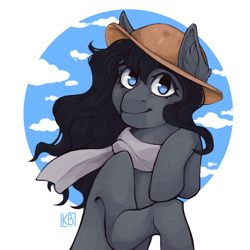 Size: 2048x2048 | Tagged: safe, artist:karamboll, imported from derpibooru, earth pony, pony, blue eyes, clothes, commission, commission result, ear fluff, female, half body, hat, high res, scarf, smiling, solo