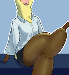 Size: 1056x1139 | Tagged: safe, artist:hitsuji, imported from derpibooru, alpaca, anthro, them's fightin' herds, clothes, cloven hooves, community related, crossed legs, female, pantyhose, paprika (tfh), skirt, smiling, solo