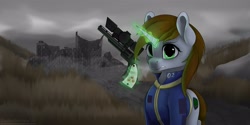 Size: 4096x2048 | Tagged: safe, artist:darbedarmoc, imported from derpibooru, oc, oc only, oc:littlepip, pony, unicorn, fallout equestria, city, clothes, destruction, fanfic, fanfic art, female, glowing horn, grass, gun, handgun, horn, jumpsuit, levitation, little macintosh, looking at you, magic, mare, optical sight, overalls, pipbuck, revolver, rock, ruins, scope, solo, telekinesis, vault suit, wasteland, weapon