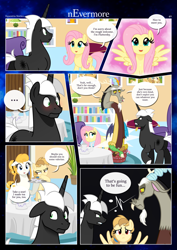 Size: 3259x4607 | Tagged: safe, artist:estories, imported from derpibooru, discord, fluttershy, oc, oc:alice goldenfeather, oc:comet, oc:möbius, draconequus, earth pony, pegasus, phoenix, pony, unicorn, comic:nevermore, angry, blushing, book, bookshelf, comic, couch, cross-popping veins, cup, cushion, horn, lamp, pegasus oc, plant, speech bubble, table, tea kettle, teacup, unicorn oc, wings