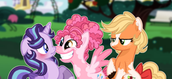 Size: 1244x573 | Tagged: safe, artist:littsandy, imported from derpibooru, applejack, pinkie pie, starlight glimmer, alicorn, earth pony, pegasus, pony, alicornified, alternate universe, base used, blushing, boop, coat markings, noseboop, pegasus pinkie pie, race swap, smiling, starlicorn, xk-class end-of-the-world scenario