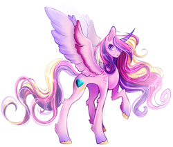 Size: 2397x2040 | Tagged: safe, artist:damayantiarts, imported from derpibooru, princess cadance, alicorn, pony, colored hooves, curved horn, female, freckles, high res, horn, looking at you, mare, raised hoof, simple background, solo, unshorn fetlocks, white background