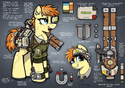 Size: 2000x1412 | Tagged: safe, artist:selenophile, imported from derpibooru, oc, oc only, earth pony, pony, bandaid, bandaid on nose, piercing, railgun, reference sheet, scar, solo