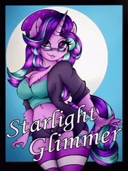 Size: 3401x4535 | Tagged: safe, alternate version, artist:canvymamamoo, imported from derpibooru, starlight glimmer, anthro, unicorn, :p, abstract background, beanie, belly button, big breasts, blushing, breasts, busty starlight glimmer, chest fluff, clothes, ear fluff, female, glasses, hat, jacket, midriff, shorts, socks, solo, stockings, striped socks, thigh highs, tongue out