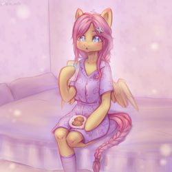 Size: 3000x3000 | Tagged: safe, artist:zefirka, imported from derpibooru, fluttershy, anthro, pegasus, semi-anthro, bed, blushing, braided tail, butterfly hairpin, clothes, cookie, cottagecore, cute, drinking glass, female, food, hair accessory, high res, hoof hold, indoors, kneeling, looking at something, open mouth, pajamas, plate, shyabetes, sitting, socks, solo, spread wings, three quarter view, winged anthro, wings