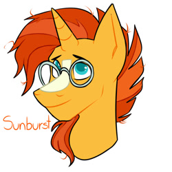 Size: 1000x1000 | Tagged: safe, artist:dymitre, imported from derpibooru, sunburst, pony, unicorn, bust, glasses, male, messy mane, simple background, smiling, solo, stallion, white background