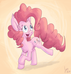 Size: 1600x1670 | Tagged: artist needed, safe, imported from derpibooru, pinkie pie, earth pony, pony, chest fluff, ear fluff, ear tufts, female, head turned, looking up, mare, open mouth, open smile, raised hoof, raised leg, simple background, smiling, solo, turned head