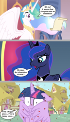 Size: 1140x1974 | Tagged: safe, artist:silverbuller, edit, edited screencap, imported from derpibooru, screencap, princess celestia, princess luna, twilight sparkle, alicorn, insect, ladybug, pony, starlight the hypnotist, spoiler:interseason shorts, coccinellidaephobia, comic, covering, floppy ears, insect on horn, insect on nose, ladybug on nose, royal sisters, screencap comic, siblings, sisters, twilight hates ladybugs, twilight sparkle (alicorn), wing covering, wing hands, wings