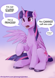 Size: 1754x2480 | Tagged: safe, artist:pwnagespartan, imported from derpibooru, twilight sparkle, alicorn, pony, blatant lies, blushing, cute, female, i'm not cute, mare, raised hoof, redraw, solo, speech bubble, tsundere, tsunlight sparkle, twiabetes, twilight sparkle (alicorn), word balloon