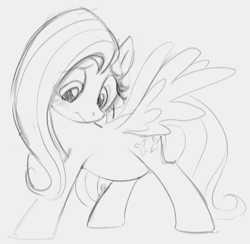 Size: 751x732 | Tagged: safe, artist:dotkwa, imported from derpibooru, fluttershy, pegasus, pony, belly, blushing, chubby, chubbyshy, fat, fattershy, female, gray background, grayscale, mare, monochrome, simple background, sketch, solo