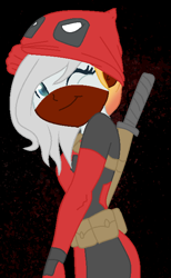 Size: 426x690 | Tagged: safe, artist:aonairfaol, imported from derpibooru, oc, oc only, equestria girls, base used, belt, black background, clothes, cosplay, costume, deadpool, eyelashes, female, marvel comics, one eye closed, simple background, smiling, solo, sword, weapon, wink