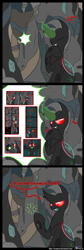 Size: 842x2492 | Tagged: safe, artist:srmario, imported from derpibooru, oc, oc only, oc:reinflak, changeling, cave, changeling oc, comic, glowing horn, horn, magic, male, raised hoof, red changeling, red eyes, talking, telekinesis, thinking