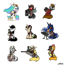 Size: 1627x1676 | Tagged: safe, artist:srmario, imported from derpibooru, princess celestia, princess luna, spitfire, oc, oc:doctiry, oc:doom, oc:reinflak, alicorn, changeling, pegasus, pony, alicorn oc, changeling oc, crossover, engineer, female, grin, gun, horn, male, mare, red changeling, rifle, scout, simple background, smiling, sniper, soldier, sunglasses, team fortress 2, weapon, white background, wings
