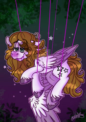 Size: 400x568 | Tagged: safe, artist:millefaller, imported from derpibooru, oc, oc only, pegasus, pony, abstract background, bondage, female, mare, pegasus oc, signature, solo, suspended, two toned wings, unshorn fetlocks, wings