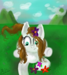Size: 1834x2048 | Tagged: safe, artist:millefaller, imported from derpibooru, oc, oc only, earth pony, pony, earth pony oc, eyelashes, female, flower, flower in hair, frown, mare, outdoors, signature, solo