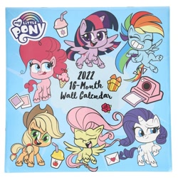 Size: 570x570 | Tagged: safe, imported from derpibooru, applejack, fluttershy, pinkie pie, rainbow dash, rarity, twilight sparkle, alicorn, earth pony, pegasus, pony, unicorn, my little pony: pony life, 2022, calendar, camera, eyes closed, flower, g4.5, gift box, letter, logo, mane six, merchandise, official, polaroid, pony life, present, rose, tongue out, twilight sparkle (alicorn)