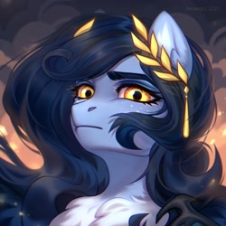 Size: 2000x2000 | Tagged: safe, artist:fenwaru, imported from derpibooru, oc, oc only, oc:tundra, pegasus, pony, blue, brave, bust, chest fluff, cloud, concerned, embers, fluffy, glowing, glowing eyes, high res, laurel wreath, long mane, portrait, solo, stoic, windswept mane