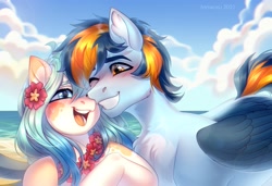 Size: 3100x2121 | Tagged: safe, artist:fenwaru, imported from derpibooru, oc, oc only, oc:seascape, oc:skysail, earth pony, hippogriff, pegasus, pony, beach, blushing, cute, female, flower, flower in hair, grin, high res, lei, male, mare, nuzzling, ocean, seasail, shipping, sky, smiling, stallion