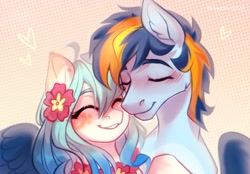 Size: 2300x1600 | Tagged: safe, artist:fenwaru, imported from derpibooru, oc, oc only, oc:seascape, oc:skysail, earth pony, hippogriff, pegasus, pony, blushing, cute, earth pony oc, eyes closed, female, flower, flower in hair, happy, hippogriff oc, hug, lei, male, nuzzling, seasail, shipping, smiling, winghug, wings