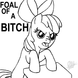 Size: 500x500 | Tagged: safe, artist:ro obsidian solitaire, imported from derpibooru, apple bloom, earth pony, pony, angry, bipedal, female, filly, frown, king of the hill, lineart, monochrome, open mouth, parody, simple background, solo, text, vulgar, white background