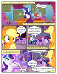 Size: 612x792 | Tagged: safe, artist:newbiespud, edit, edited screencap, imported from derpibooru, screencap, applejack, rarity, twilight sparkle, earth pony, pony, unicorn, comic:friendship is dragons, magical mystery cure, a true true friend, applejack's hat, big crown thingy, bipedal, carousel boutique, comic, cowboy hat, dialogue, element of magic, eyelashes, female, freckles, glowing horn, hat, horn, indoors, jewelry, magic, mare, regalia, screencap comic, sewing machine, smiling, swapped cutie marks, telekinesis, unicorn twilight, wide eyes