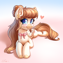 Size: 2480x2480 | Tagged: safe, artist:dandy, imported from derpibooru, oc, oc only, oc:strawberry milk, pegasus, pony, :3, art trade, blushing, ear piercing, female, gradient background, heart, high res, looking at you, lying down, mare, piercing, prone, ribbon, smiling, smiling at you, solo, unshorn fetlocks, wings