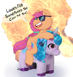 Size: 1112x1168 | Tagged: safe, artist:apatheticxaddict, imported from derpibooru, izzy moonbow, sunny starscout, earth pony, pony, unicorn, backwards cutie mark, braid, colored hooves, cool, dialogue, explosion, female, g5, mare, meme, merchandise, misspelling, ponies riding ponies, ride-on toy, riding, riding a pony, sunglasses, sunny starscout riding izzy moonbow, text, toy, unshorn fetlocks