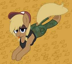 Size: 1400x1250 | Tagged: safe, artist:jerkface, oc, oc only, oc:hay bale, earth pony, pony, baseball cap, camouflage, cap, clothes, dock, female, freckles, hat, leaf, lidded eyes, looking at you, mare, pants, prone, solo, tanktop, tongue out, underhoof