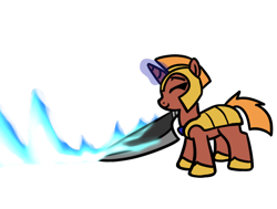 Size: 656x496 | Tagged: safe, artist:neuro, oc, oc only, pony, unicorn, armor, eyes closed, female, fire, getsuga tenshou, guardsmare, helmet, hoof shoes, horn, knife, magic, mare, royal guard, simple background, smiling, solo, telekinesis, transparent background, unicorn oc